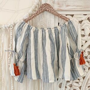 Tularosa Blue Striped Off-Shoulder Blouse with Orange Tassels